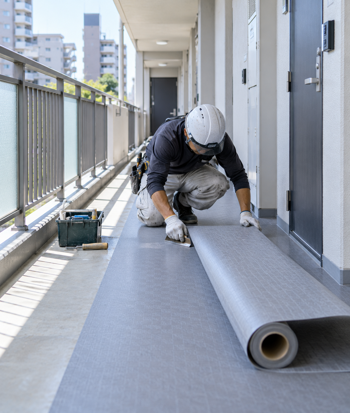 マンション共用廊下の長尺シート工事